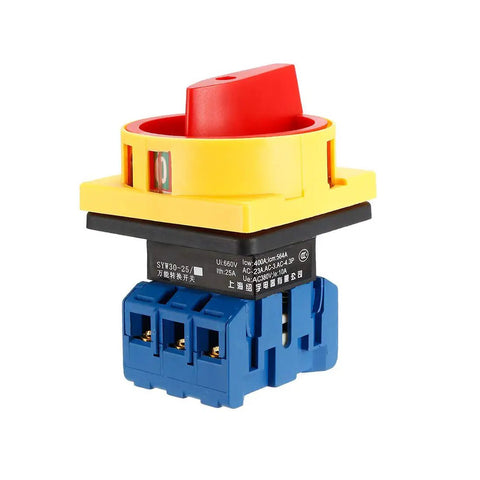 Close-up of the 2 Position Changeover Rotary Switch SYW30 25A 660V with 6 terminals, featuring a red knob and yellow base.