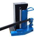 Built Tough Hydraulic Toe Jack Lift 20 Ton Rig Ready Capacity Heat Treated Steel Frame Shop Workhorse For Farm Trucks And Heavy Machinery With Smooth Pump Action close-up of hydraulic jack featuring blue steel frame and lifting arm.