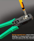 Telescoping magnetic pickup tool with green handles and black body; silver magnet tip picking up a screw.