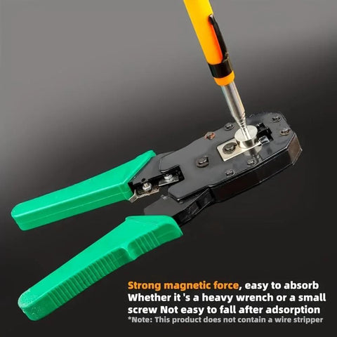 Telescoping magnetic pickup tool with green handles and black body; silver magnet tip picking up a screw.