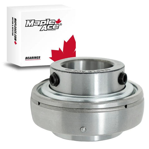 Maple Ace UC207 insert bearing with 35mm bore and set screws in metal housing; Maple Ace box visible.