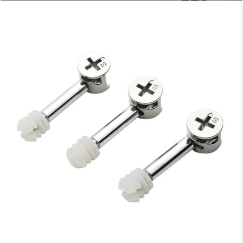 Heavy Duty Aluminum Furniture Connector Kit With Advanced Three In One Screw Design For Quick Wood Tenon Assembly And Smooth Hinge Function Zero Sweat Install Built Solid For Daily Shop Work - Close-up of three aluminum screws with white plastic threads.