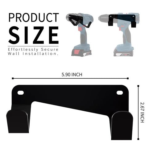 Beefed Up Heavy Duty Drill Holder Wall Mount Universal Cordless Drill Dock 2 Pack Tool Organizer shown with dimensions