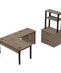 Built Tough Industrial L Shaped Desk Workstation Prime Executive Office Setup Featuring Ample Storage Drawers Smooth Rolling Pedestal And Smart Corner Shelving For Real Hustlers Seeking Top Shelf Organization with laminated wood finish.
