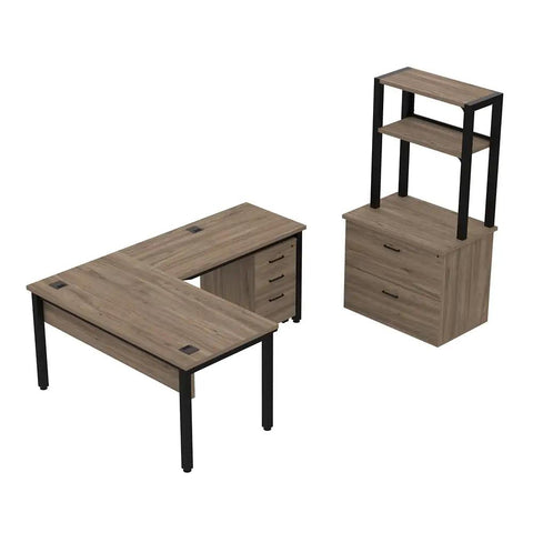 Built Tough Industrial L Shaped Desk Workstation Prime Executive Office Setup Featuring Ample Storage Drawers Smooth Rolling Pedestal And Smart Corner Shelving For Real Hustlers Seeking Top Shelf Organization with laminated wood finish.