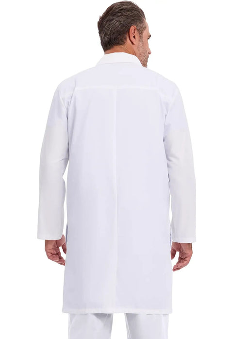 Back view of Unisex 40 Inch Scrub Lab Coat With Notched Lapel And Four Button Front For Medical Pros And Students White Pro Grade XL