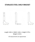 Diagram of sturdy stainless steel shelf bracket for vertical track systems, silver finish, showing dimensions and shape.