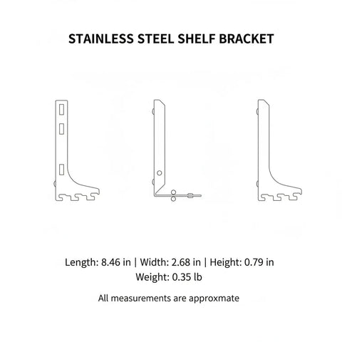 Diagram of sturdy stainless steel shelf bracket for vertical track systems, silver finish, showing dimensions and shape.