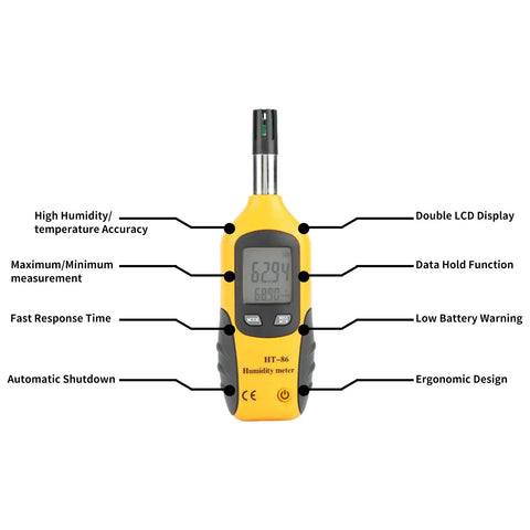 2 In 1 Temperature Humidity Meter Portable Digital Hygrometer Thermometer With Wet Bulb Dew Point Double Display with annotations