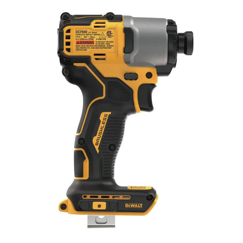 Side view of 20V Max Cordless Brushless Impact Driver One Quarter Inch Chuck Tool Only For Pros And DIYers Compact Ergonomic Grip 1700 In-Lbs Torque 3200 RPM Variable Speed Trigger For Precise Control And Fast Screw Driving