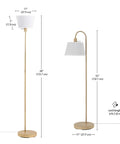 52 Inch Floor Lamp With Faux Wood Finish And White Pattern Shade Japandi Style Adjustable Arm On Off Rotary Switch Socket For Easy Operation Ideal Modern Living Room Light, dimensions shown