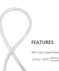 10 Ft Clear Vinyl Tubing With Three Quarter Inch ID, flexible PVC hose loop showing features and temperature range
