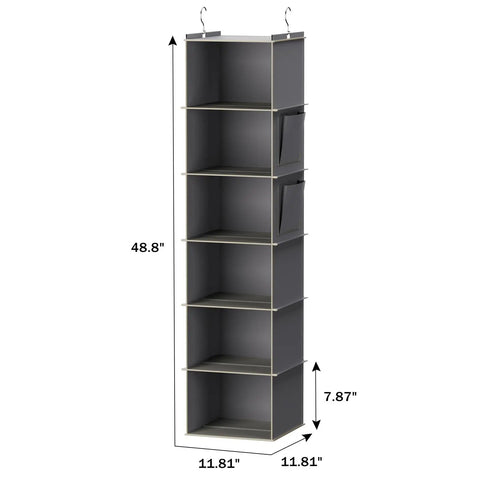 6 Shelf Hanging Closet Organizer Set In Grey, Double Pack with dimensions shown, featuring bamboo inserts and MDF supports