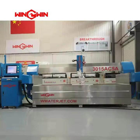 Front view of a WinWin water jet cutting machine; silver body with two blue control consoles.