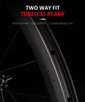 Close-up of 700C Carbon Disc Brake Wheelset With 55mm Profile And 31mm Width, Tubeless Ready Clinchers, Two Way Fit.