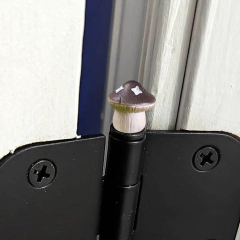 Decorative Hinge Head Topper Set Of 6 Magnetic Mushroom Hinge Heads for doors, close-up of mushroom topper on door hinge.