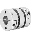Aluminum alloy shaft coupling adapter, side view, silver, clamp-style motor connector sleeve for high-power drives