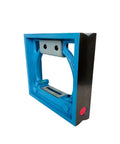 Heavy Duty Cast Iron Square Frame Bubble Level Featuring A Straight Shooting Vial With Cut Above Precision Machinist Tool For Workhorse Grade Shop Projects, blue frame and vial displayed at an angle.