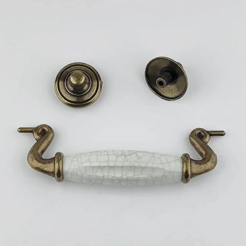 Drop Bail Dresser Drawer Pulls White Crackle Ceramic Knobs With Antique Bronze Finish, showing components and connectors