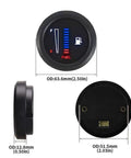 Universal 52mm Fuel Level Gauge With 2 Inch LED Display, 12V And 24V Ready, Compatible With 0 To 190 Ohm, 98 To 8 Ohm, 565 To 33 Ohm, Or 0 To 90 Ohm Senders, Anti Vibration Needle For Stable, Accurate Fuel Readings Across Cars And Rigs. Front view with size measurements.