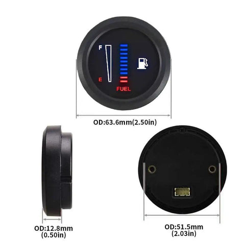 Universal 52mm Fuel Level Gauge With 2 Inch LED Display, 12V And 24V Ready, Compatible With 0 To 190 Ohm, 98 To 8 Ohm, 565 To 33 Ohm, Or 0 To 90 Ohm Senders, Anti Vibration Needle For Stable, Accurate Fuel Readings Across Cars And Rigs. Front view with size measurements.