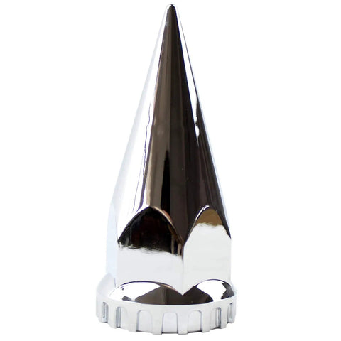 Chrome ABS Axle Cover Set With Hub Caps And 33mm Screw On Spiked Lug Nut Covers for semi trucks close-up view.