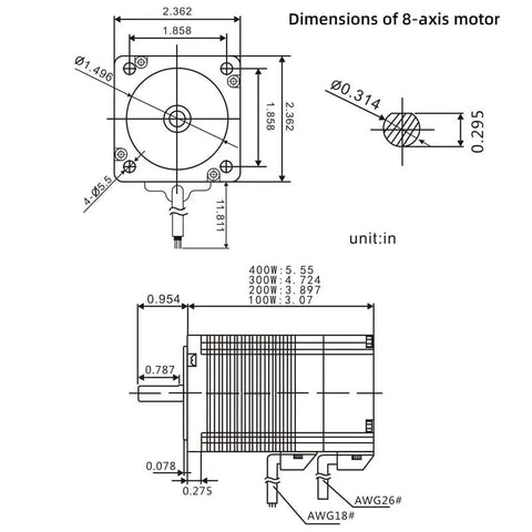 Technical drawing of High Speed 3000RPM 48V DC BLDC Motor With NEMA 24 Frame, showing dimensions and specifications, 300W power.
