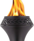 Close-up of 65 Inch Metal Outdoor Torch With Weather Resistant Finish, black metal torch head with flame, intricate design.