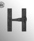 Two And A Half Inch Black Wrought Iron Barn Door Gate Latch with Mounting Hardware shown in H shape against white background