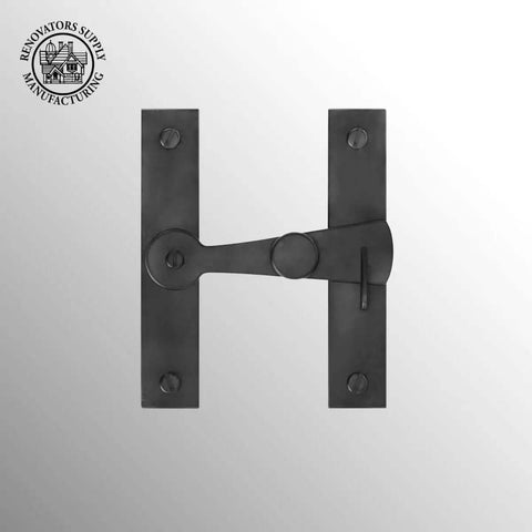 Two And A Half Inch Black Wrought Iron Barn Door Gate Latch with Mounting Hardware shown in H shape against white background