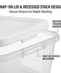 Close-up of Snap-On Lid & Recessed Stack Design for 10 Pack Heavy Duty Six Quart Clear Plastic Stackable Storage Bins.