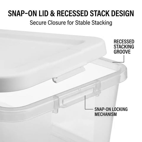 Close-up of Snap-On Lid & Recessed Stack Design for 10 Pack Heavy Duty Six Quart Clear Plastic Stackable Storage Bins.