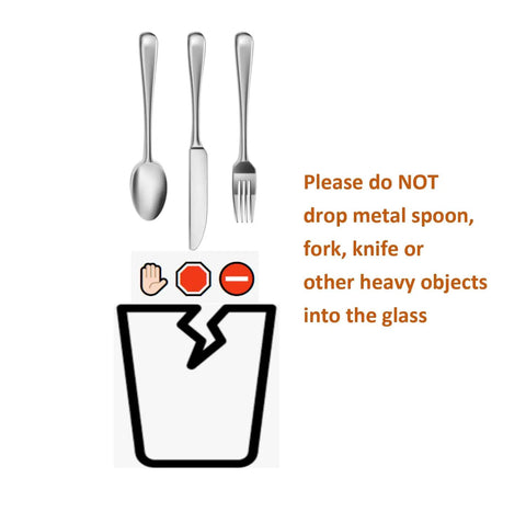Warning graphic against using metal utensils with Heavy Duty Double Wall Insulated Borosilicate Glass Tumblers Set Of 2 20 Oz.