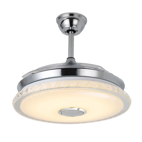 Retractable 42 Inch Ceiling Fan With Light And Bluetooth Speaker, modern LED, silver finish, shown with 4 inch downrod