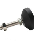 Universal Adjustable Furniture Leveling Feet Pad Mount Kit With Heavy Duty Swivel Base and articulating pad, black rubber.