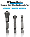 Front view of a 3-piece chamfer bit set with 1/4 in hex shanks for countersinking and deburring.