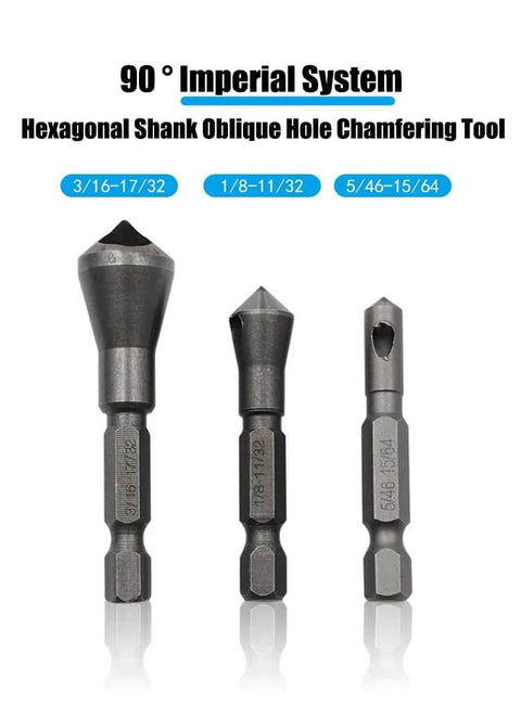 Front view of a 3-piece chamfer bit set with 1/4 in hex shanks for countersinking and deburring.