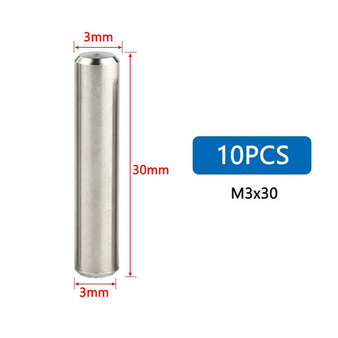 M3x30mm Dowel Pins 304 Stainless Steel Cylindrical Pegs For Shelves And Fixtures viewed in package of 10 pieces