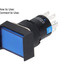 Thinking Process: blue rectangular push button switch, black plastic body, 24V terminals, angled side view