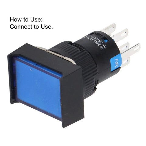 Thinking Process: blue rectangular push button switch, black plastic body, 24V terminals, angled side view