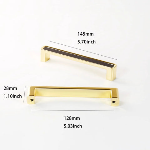 2 Pack 5.0 Inch Hole Center Zinc Alloy Square Cabinet Handles In Black Gold Finish with dimensions displayed