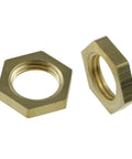 Close-up of 20 Pack One Eighth Inch Brass Flange Lock Nuts with Female Threads in gold tone for DIY hardware projects.