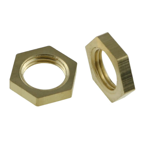 Close-up of 20 Pack One Eighth Inch Brass Flange Lock Nuts with Female Threads in gold tone for DIY hardware projects.