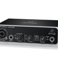 Audiophile USB Audio Interface 2x2 At 48 Kilohertz With Midas Mic Preamplifier For Recording Microphones And Instruments Perfect For Home Studio On Mac Or PC Plug And Play No Fuss Black Box front view with input and control knobs