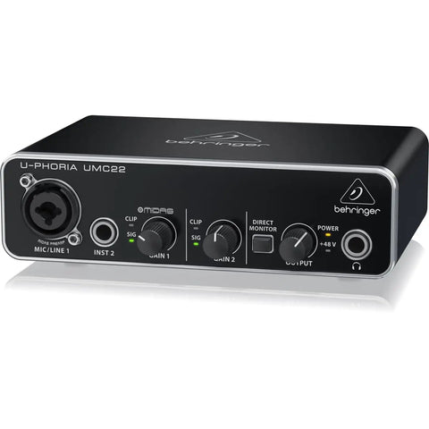 Audiophile USB Audio Interface 2x2 At 48 Kilohertz With Midas Mic Preamplifier For Recording Microphones And Instruments Perfect For Home Studio On Mac Or PC Plug And Play No Fuss Black Box front view with input and control knobs