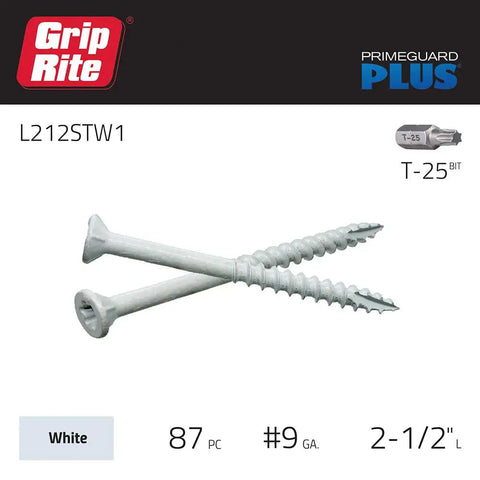 PrimeGuard Plus Premium Deck Screws For Outdoor DIY Projects With Bugle Head T25 Star Drive Coarse Thread Wood Screws 8 By 2.5 Inch 1 Lb Box White Exterior Grade For Treated Lumber