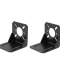Two black alloy steel L-shaped motor mounting brackets with circular mounting holes, front view