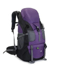 Purple and gray 50L Travel Backpack For Hiking And Outdoor Adventures, Waterproof Trekking Rucksack with padded back, front view