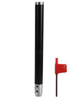 Premium Wood Lathe Turning Set Featuring Rust Proof Carbide Insert Blades And Heavy Duty Aluminum Handles For Smooth Woodworking Projects and Rock Solid Precision displayed with a black aluminum handle and red tool.