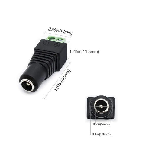 Close-up view of 5.5 by 2.1mm DC barrel connector for 24V DC 1A 24W power supply AC to DC adapter with dimensions shown.